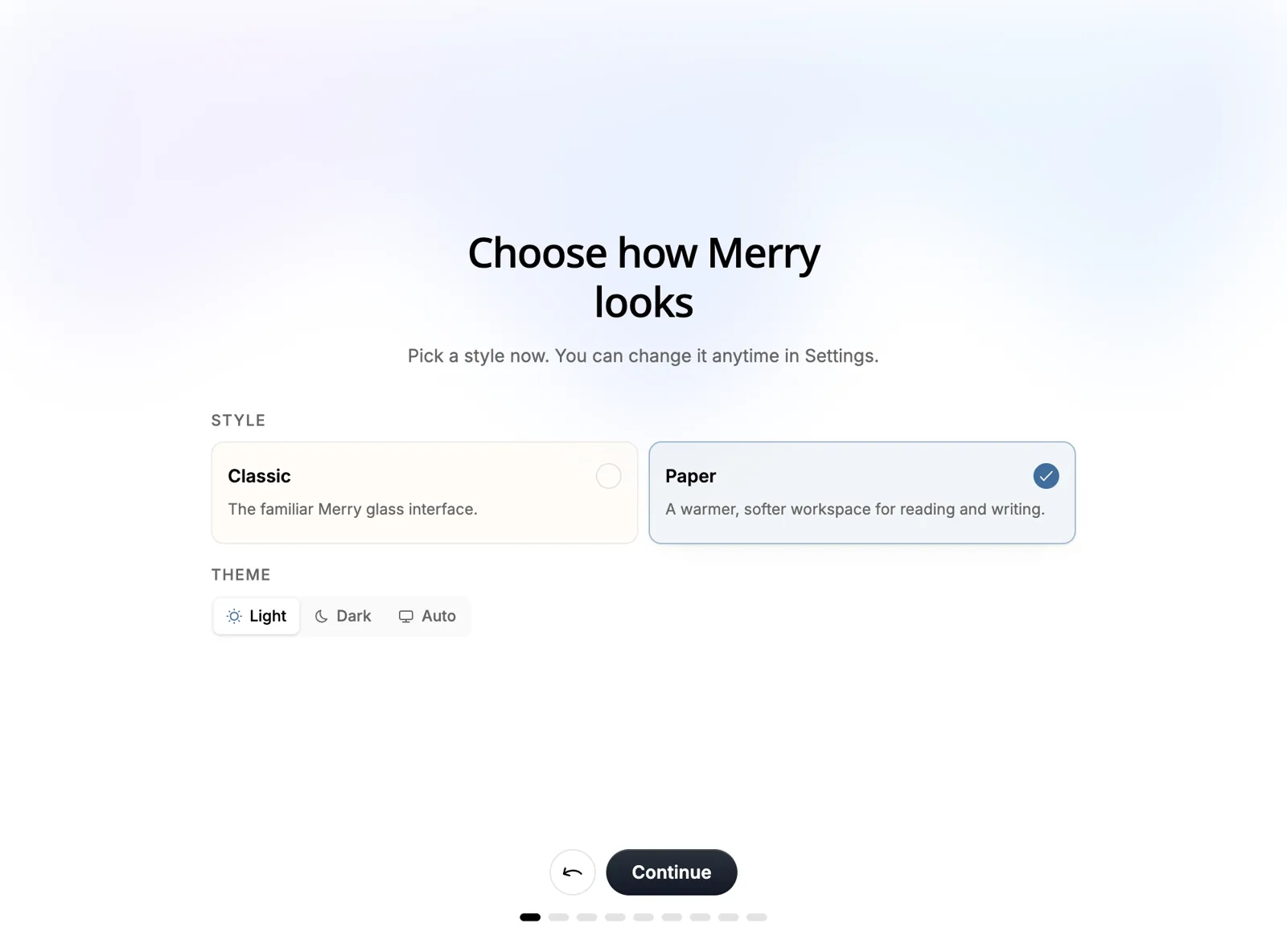 Merry setup step for choosing the Classic or Paper style and a light, dark or automatic theme