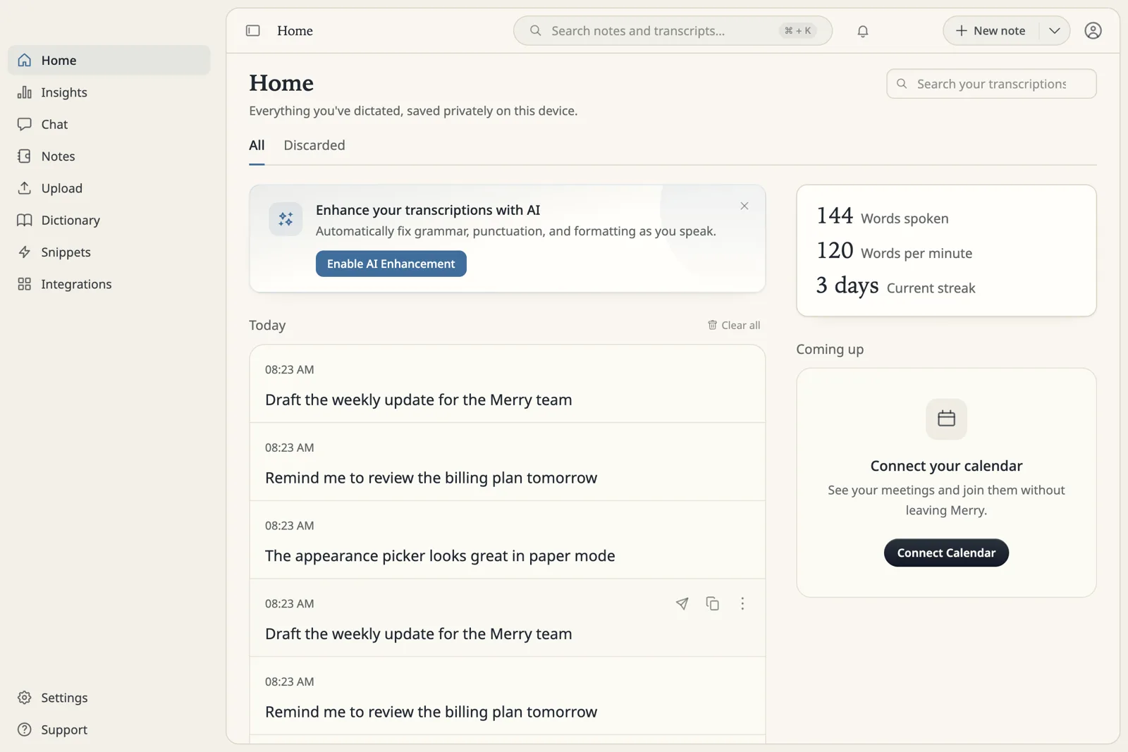 Merry home screen showing words spoken, words per minute, a daily streak and recent transcriptions